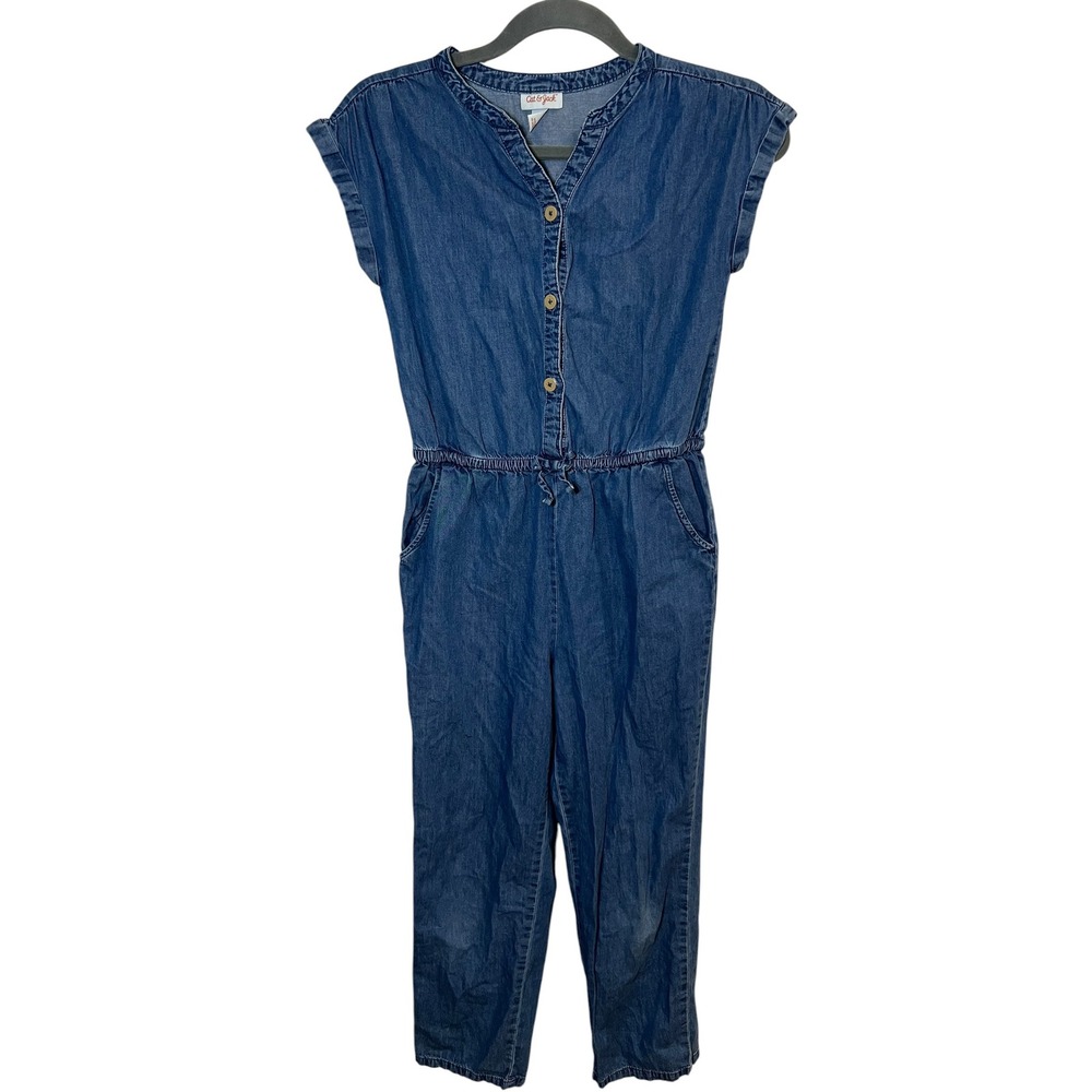 Cat & Jack Jumpsuit Denim Button Front Elastic Waist Casual Blue Girls L 10/12